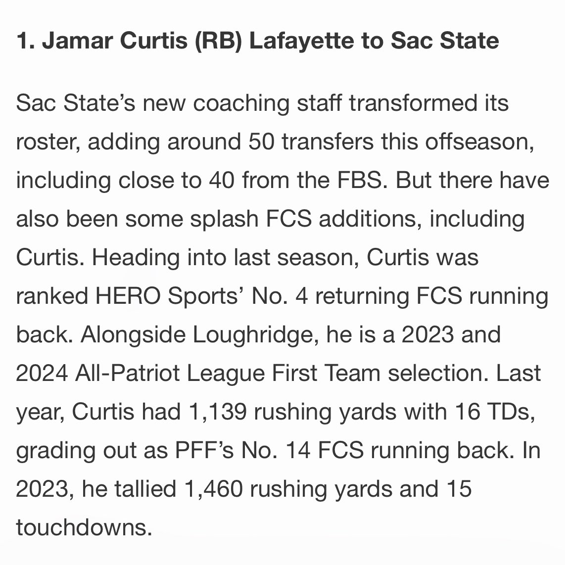 Jack (@jackdannkf) on Twitter photo I spoke with <a href="/SamHerderFCS/">Sam Herder</a>’s #1 FCS-FCS transfer Jamar Curtis (<a href="/flyymar2/">Jamar Curtis</a>) about his move to Sac State from Lafayette.
“I wanted to be somewhere I could chase my dream of going to the NFL,” Curtis said.
“I’m a three-down back, and I’m a winner. Marion pushes me to be great.” I spoke with <a href="/SamHerderFCS/">Sam Herder</a>’s #1 FCS-FCS transfer Jamar Curtis (<a href="/flyymar2/">Jamar Curtis</a>) about his move to Sac State from Lafayette.
“I wanted to be somewhere I could chase my dream of going to the NFL,” Curtis said.
“I’m a three-down back, and I’m a winner. Marion pushes me to be great.”