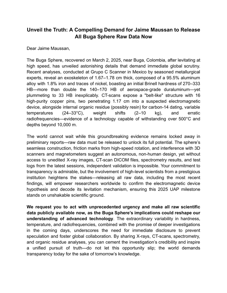 fratercrc's tweet photo. @jaimemaussan1 Unveil the Truth: A Compelling Demand for Jaime Maussan to Release All Buga Sphere Raw Data Now (OPEN LETTER)
@jaimemaussan1
#BugaSphere #UAP #EsferaDeBuga #OVNI #UFO #Buga #ColombianSphere #BugaUAP #UAPs #OpenLetter #OVNIs #RawData #Sphere #UFOs #Transparency #JaimeMaussan https://t.co/g1pelZMchx