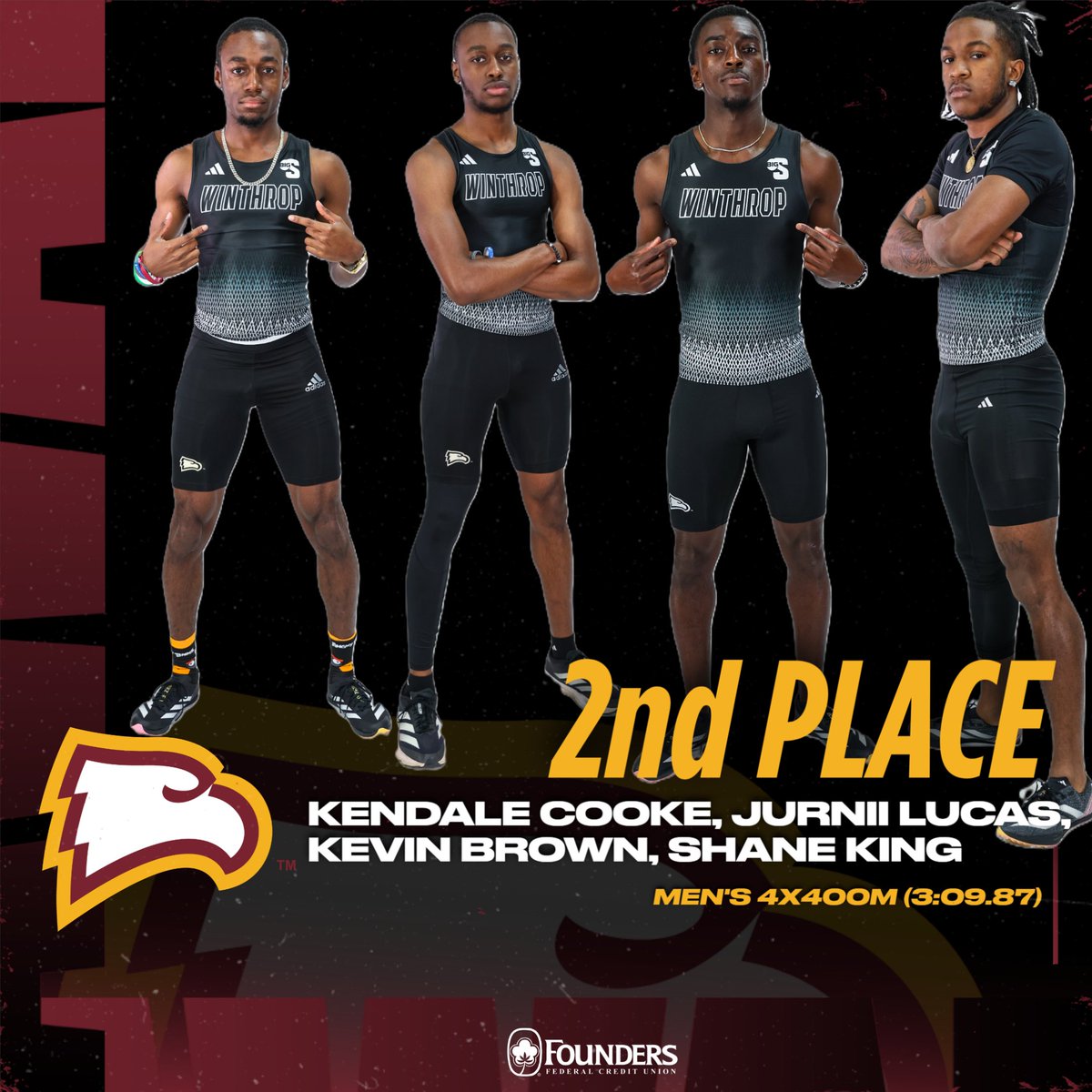 WinthropTrackXC's tweet image. The men's 4x400m relay team consisting of Kendale Cooke, Jurnii Lucas, Kevin Brown, and Shane King SHATTER the previous school record by over 5 seconds to finish runner-up!
#ROCKtheHILL | #BigSouthTF