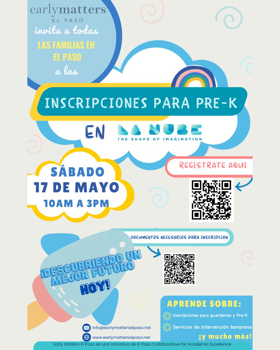 🌟 Early Matters El Paso invites you and your family to the Pre-K Enrollment Day and Resource Fair on Saturday, May 17th from 10AM to 3PM at La Nube! Discover the magic of Pre-K and the support services available for your little ones. Don’t miss this fun and meaningful day!