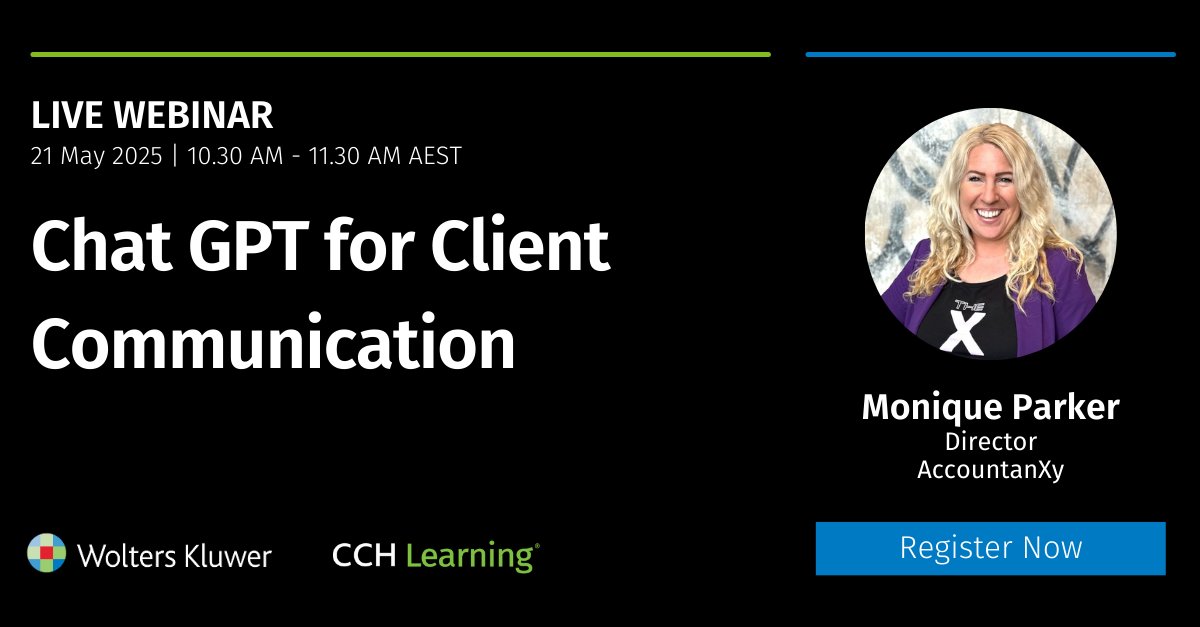 Join Monique Parker from AccountanXy for a session that covers practical applications and case studies, interactive demonstrations and a ChatGPT playbook that you can implement within your teams.

Learn more and register here: ow.ly/EwmK50VQFUu

#ChatGPT #Communication #AI