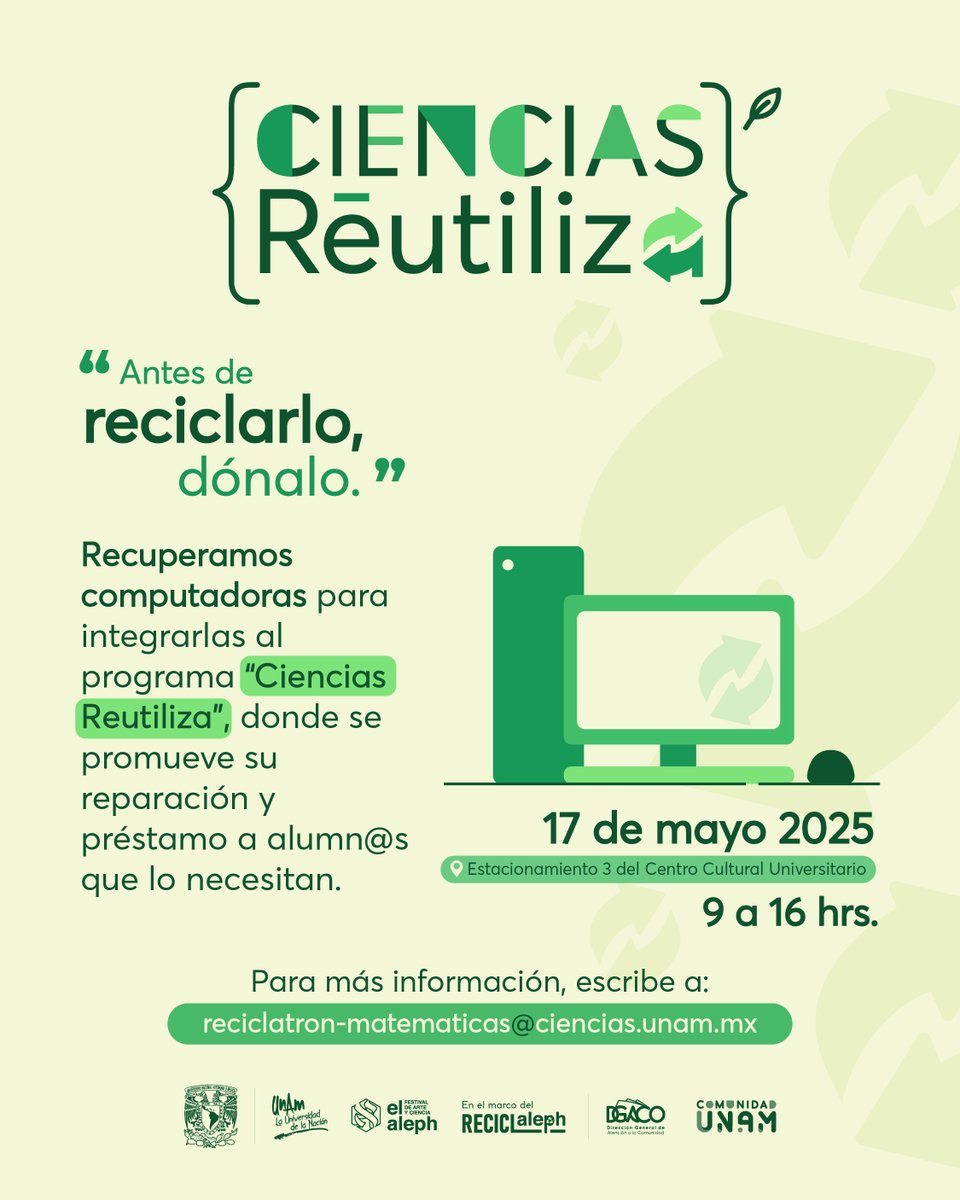 Comunidad UNAM (@comunidad_unam) on Twitter photo ♻️🤍¡Recicla y dale una segunda vida a tus aparatos electrónicos! 
Al donarlos, participas en el programa "Ciencias te conecta", con lo cual generas menos residuos electrónicos y, además, le facilitas el proceso de estudios a un #Puma que no cuenta con un equipo. 💻📓 ♻️🤍¡Recicla y dale una segunda vida a tus aparatos electrónicos! 
Al donarlos, participas en el programa "Ciencias te conecta", con lo cual generas menos residuos electrónicos y, además, le facilitas el proceso de estudios a un #Puma que no cuenta con un equipo. 💻📓