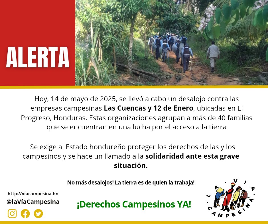 🚨ALERTA Hoy, 14 de mayo 2025, se llevó a cabo un desalojo contra las empresas campesinas Las Cuencas y 12 de Enero, en El Progreso Honduras. Estas organizaciones agrupan a más de 40 familias que se encuentran en una lucha por el acceso a la tierra. #𝙉𝙤𝙢𝙖́𝙨𝙙𝙚𝙨𝙖𝙡𝙤𝙟𝙤𝙨