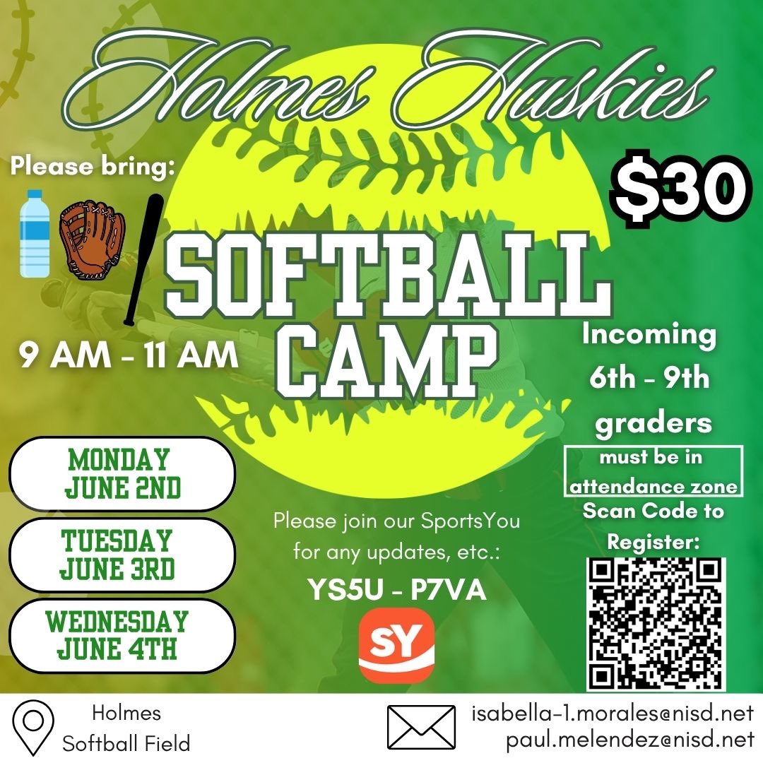 Summer is approaching &amp; so is our Softball Camp!!
We encourage all incoming 6th-9th graders to sign up, come on out &amp; have some fun with us!
Can’t wait to meet our future Huskies!!
#HFND 🥎🐕💚

<a href="/NISDRoss/">Sul Ross MS</a> <a href="/NISDPatNeff/">Pat Neff MS</a>