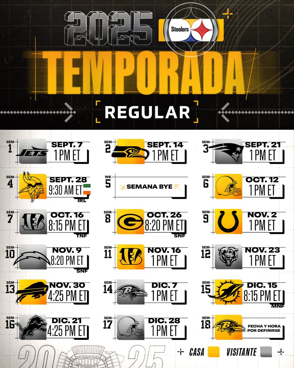 LosSteelers's tweet photo. YA TENEMOS CALENDARIO PARA LA TEMPORADA 2025‼️😤 

¿Cuándo y dónde planean estar con nosotros, Steelers Nation? ⤵️ https://t.co/X7mmbx2DRr