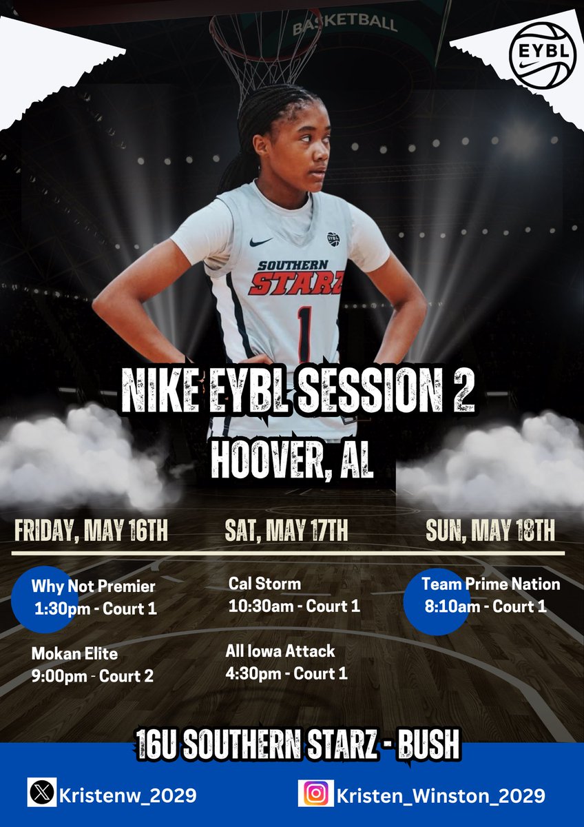 Kristen Winston (@kristenw_2029) on Twitter photo ‼️UPDATED SCHEDULE: this schedule reflects our NEW court assignments‼️
👀NIKE EYBL SESSION 2 🔥🔥
Hoover, AL at the Finley Center
5508 Stadium Trace Pkwy
Go Starz 💫 <a href="/NikeGirlsEYBL/">Nike Girls EYBL</a> <a href="/ALSoSTARZ_EYCL/">Southern Starz_EYCL</a> ‼️UPDATED SCHEDULE: this schedule reflects our NEW court assignments‼️
👀NIKE EYBL SESSION 2 🔥🔥
Hoover, AL at the Finley Center
5508 Stadium Trace Pkwy
Go Starz 💫 <a href="/NikeGirlsEYBL/">Nike Girls EYBL</a> <a href="/ALSoSTARZ_EYCL/">Southern Starz_EYCL</a>