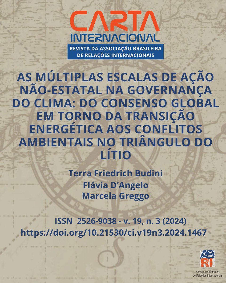 ✨ Transição energética pra quem?
Atores não-estatais ganham força no clima, mas todos são ouvidos?
🔍 Artigo na Carta Internacional debate conflitos locais e o Triângulo do Lítio na América do Sul.
👉 doi.org/10.21530/ci.v1…
#TransiçãoEnergética #RI #EcologiaPolítica #Litio