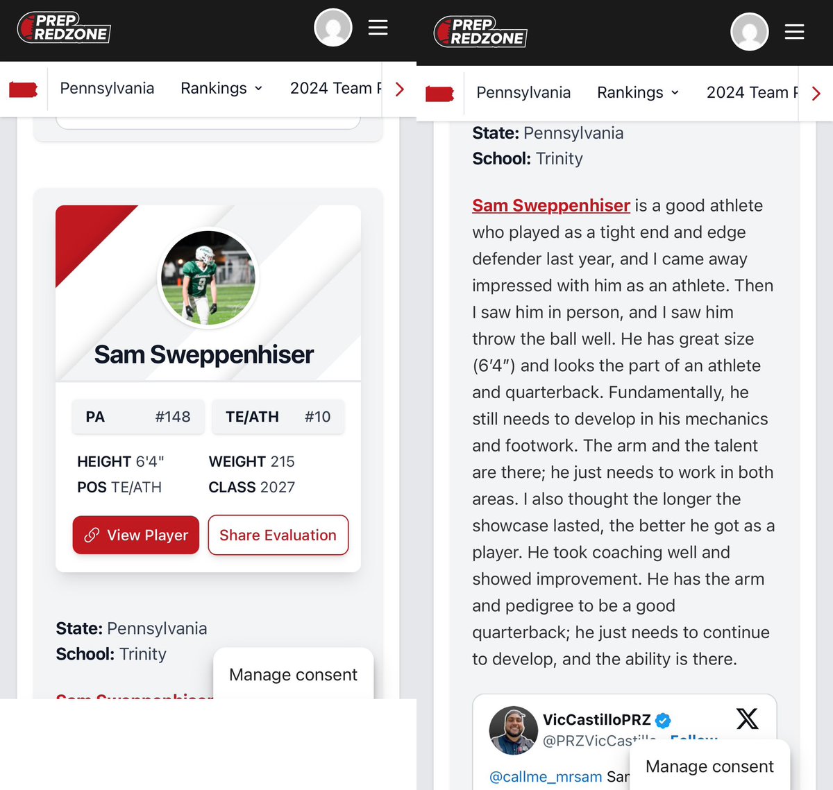Samuel Sweppenhiser (@callme_mrsam) on Twitter photo Thank you <a href="/PrepRedzonePA/">Prep Redzone Pennsylvania</a> <a href="/PrepRedzone/">Prep Redzone 🏈</a> <a href="/PRZVicCastillo/">VicCastilloPRZ</a> <a href="/footballcoach79/">coachweider</a> for the write up and great opportunity to get in front of good coaches! #ATHLETE
-
<a href="/EdOBrienCFB/">EdOBrienCFB</a> <a href="/Trinity_HSFB/">Trinity High School Football</a> Thank you <a href="/PrepRedzonePA/">Prep Redzone Pennsylvania</a> <a href="/PrepRedzone/">Prep Redzone 🏈</a> <a href="/PRZVicCastillo/">VicCastilloPRZ</a> <a href="/footballcoach79/">coachweider</a> for the write up and great opportunity to get in front of good coaches! #ATHLETE
-
<a href="/EdOBrienCFB/">EdOBrienCFB</a> <a href="/Trinity_HSFB/">Trinity High School Football</a>