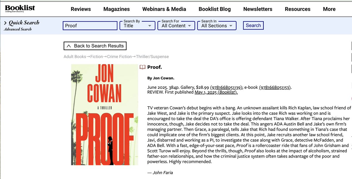 Thanks to Booklist for your kind words! Can't wait for people to get a chance to meet Jake West in PROOF from <a href="/GalleryBooks/">Gallery Books</a> <a href="/simonschuster/">Simon & Schuster</a> coming June 24 (pre-order available now!). #SuitsLA #Suits #AlertMPU.