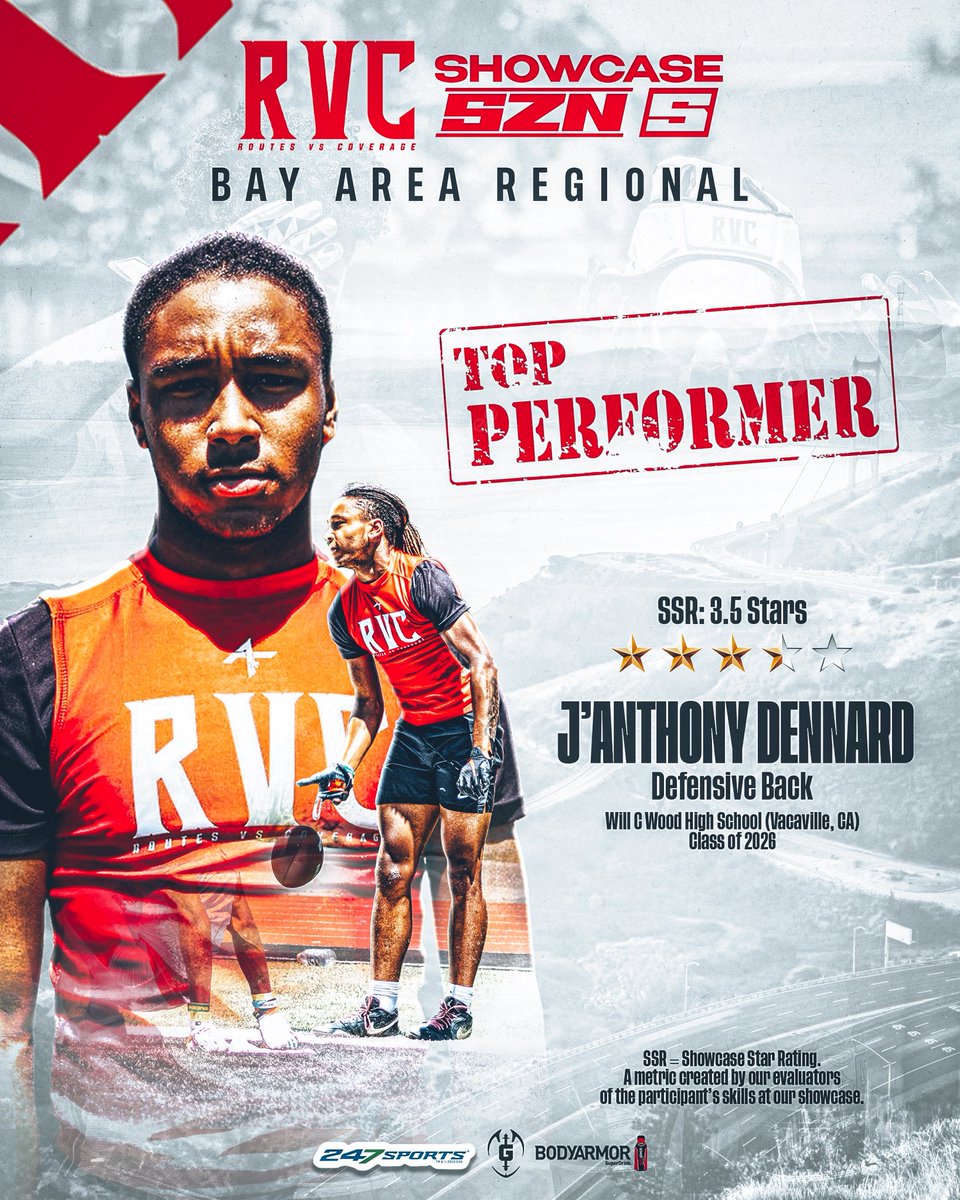 Top Performer
Defensive Back | J’Anthony Dennard
Will C Wood High School (Vacaville, CA)
Class of 2026
 
SSR: 3.0 Stars

Earn Your Stars | ⭐️⭐️⭐️