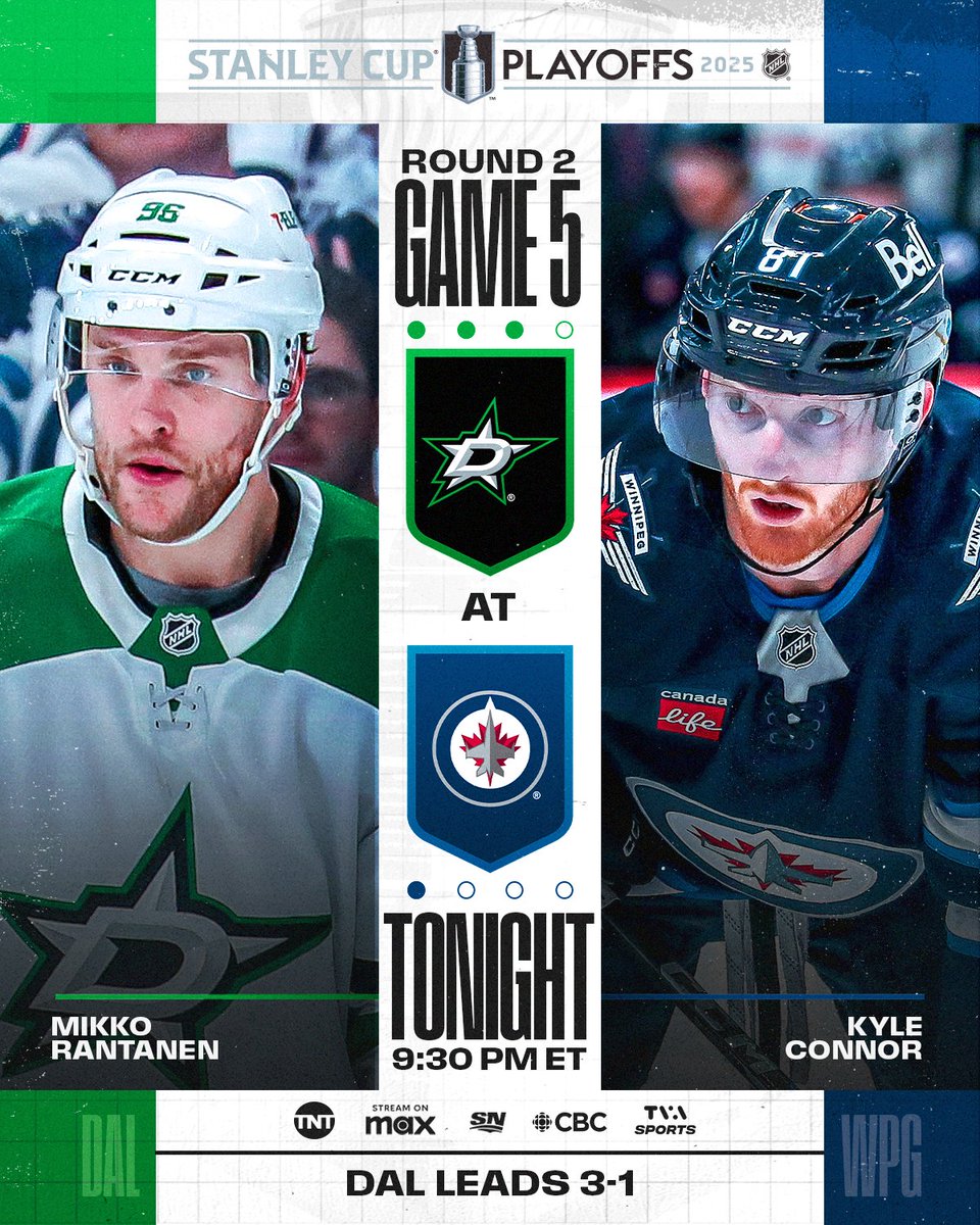 NHL Public Relations (@nhlpr) on Twitter photo Mikko Rantanen looks to stay hot and propel the <a href="/DallasStars/">X - Dallas Stars</a> to a third straight Conference Finals appearance, while the <a href="/NHLJets/">Winnipeg Jets</a> aim to extend the series in front of the “Winnipeg Whiteout” crowd.
🕤: 9:30 ET
📺: @NHL_on_TNT (truTV), <a href="/SportsonMax/">Sports on Max</a>, <a href="/Sportsnet/">Sportsnet</a>, <a href="/TVASports/">TVA Sports</a>, CBC Mikko Rantanen looks to stay hot and propel the <a href="/DallasStars/">X - Dallas Stars</a> to a third straight Conference Finals appearance, while the <a href="/NHLJets/">Winnipeg Jets</a> aim to extend the series in front of the “Winnipeg Whiteout” crowd.
🕤: 9:30 ET
📺: @NHL_on_TNT (truTV), <a href="/SportsonMax/">Sports on Max</a>, <a href="/Sportsnet/">Sportsnet</a>, <a href="/TVASports/">TVA Sports</a>, CBC