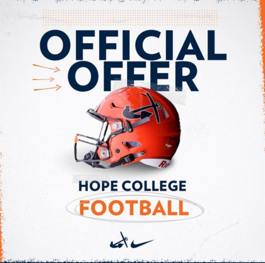 After a great conversation with <a href="/CoachHawken/">Andrew Hawken</a> I’m blessed to say I’ve received my first offer from Hope College⚓️ <a href="/HopeCollegeFB/">Hope College Football</a> <a href="/PrepRedzoneMI/">Prep Redzone Michigan</a> <a href="/TheD_Zone/">The D Zone</a> <a href="/MichFBFrenzy/">Michigan Prep Frenzy</a> <a href="/MIexposure/">Michigan exposure</a>