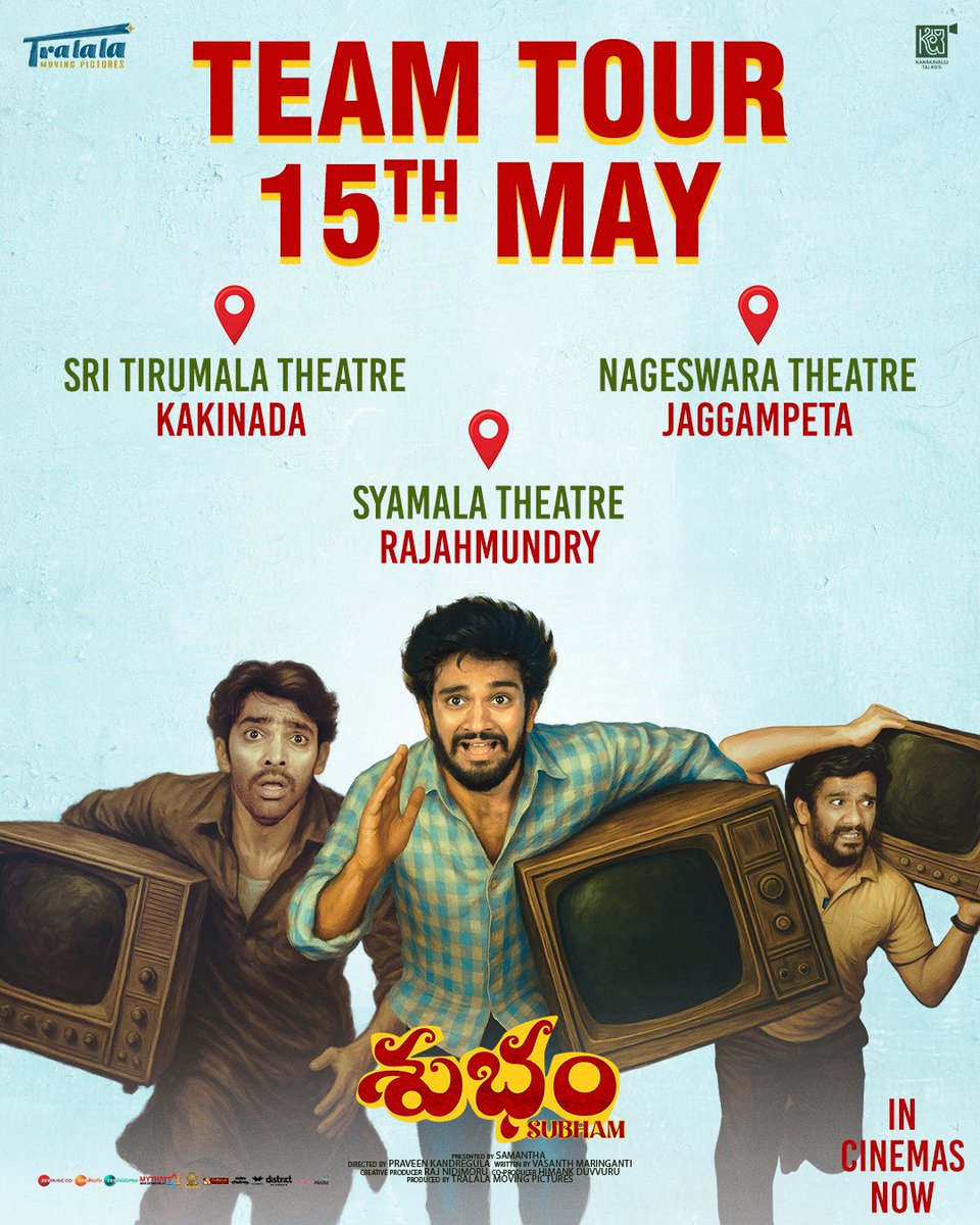 #Subham Movie Team Tour! 15th May
📍 Kakinada | Rajahmundry | Jaggampeta

Subham ~ In Cinemas Now!
See you at the theaters! 🍿🔥

#BookYourTicketsNow
linktr.ee/Subham_2025_Te…

<a href="/Samanthaprabhu2/">Samantha</a> <a href="/TralalaPictures/">Tralala Moving Pictures</a> #Kanakavallitalkies