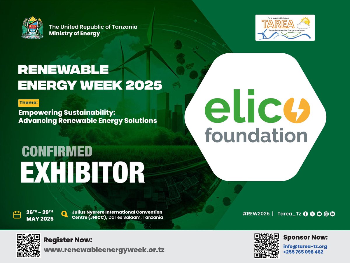 Excited for #REW2025! Join us May 26–29 in Dar es Salaam for panels, exhibitions, workshops &amp; more on renewable energy. Hosted by @tareatanzania &amp; Ministry of Energy. Register now: renewableenergyweek.or.tz #CleanEnergy #Tanzania #Sustainability