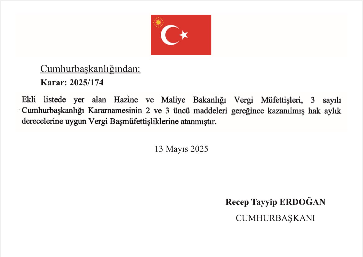 DenetdeBasin's tweet image. 2025/174 sayılı Cumhurbaşkanlığı Kararnamesi ile Vergi Başmüfettişi olarak atanan vergi müfettişlerimizi tebrik eder, başarılar dileriz.

#vdk
#vergimüfettişleri
@vergimufder
@kadir_kemaloglu
