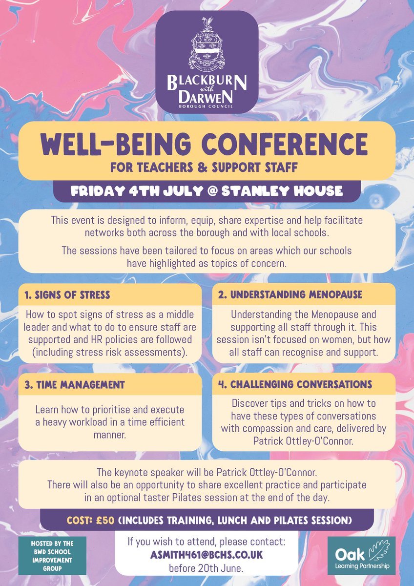 Well-being Conference for teachers and support staff organised by <a href="/ShanazHussain3/">Shanaz Hussain</a> and <a href="/BCHS_uk/">Blackburn Central High School</a> 

Keynote is the amazing <a href="/ottleyoconnor/">Patrick Ottley-O'Connor</a>. 😊💜