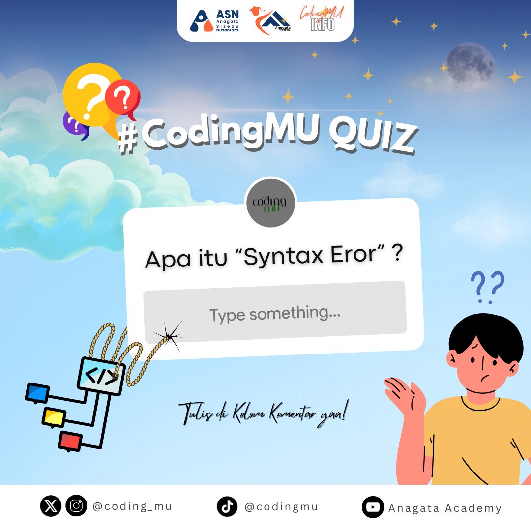coding_mu's tweet image. Baru ngoding bentar, eh kok error-nya kayak dendam lama? 😵‍💫

Fix kamu harus kenalan sama yang namanya syntax error 👀

Sebenernya syntax error tuh apa sih❓

#AnagataAcademy #ASN #CodingMU #quiz #trivia #qna #syntaxerror #belajar #coding #edukasi #pendidikan #teknologi #digital
