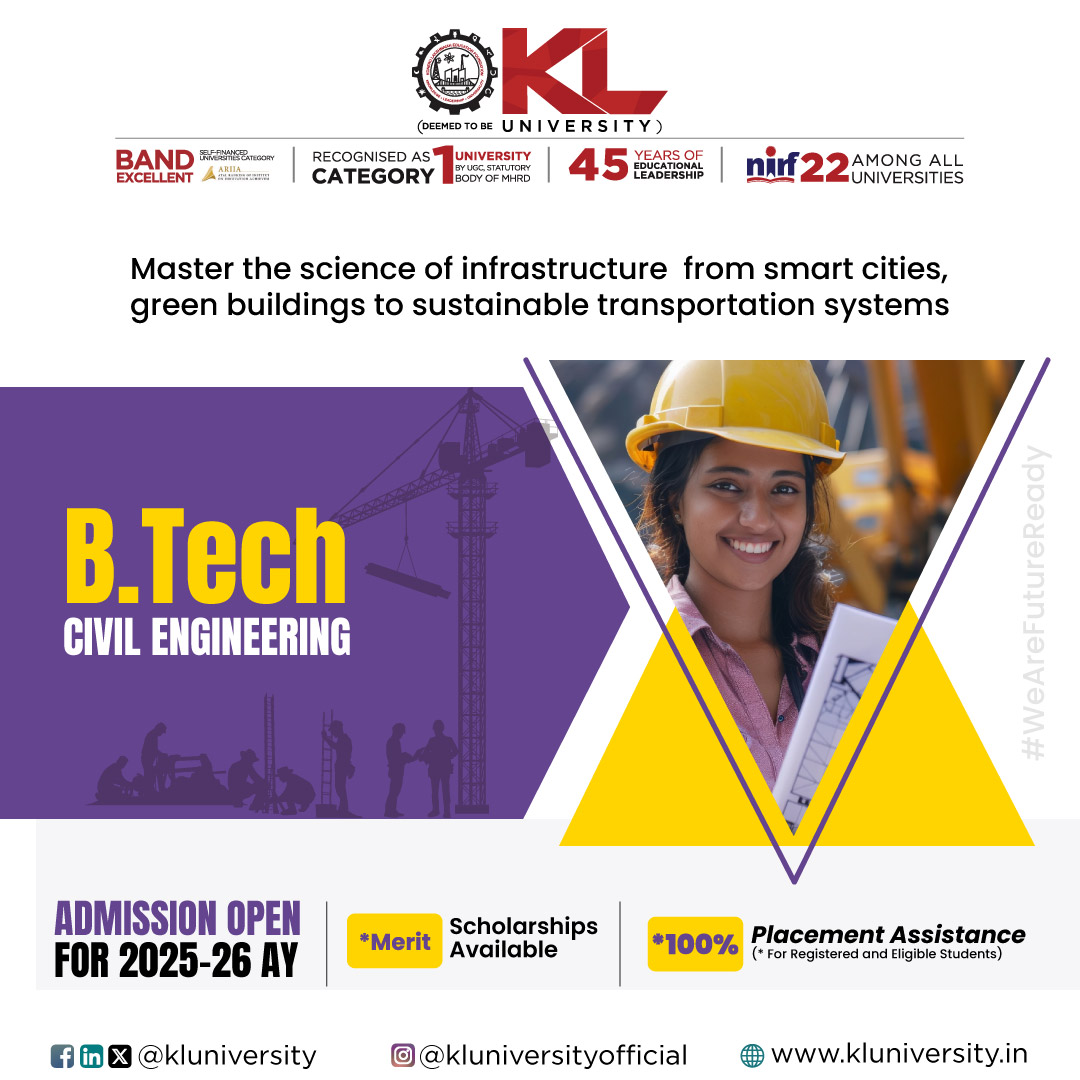 kluniversity's tweet image. Build the future with our Civil Engineering program—where innovation meets sustainability in smart cities, green buildings, and modern transport. Gain the skills to shape resilient, thriving urban landscapes.
kluniversity.in/admissions-202…
#KLU #btechcivilengineering #civilengineering