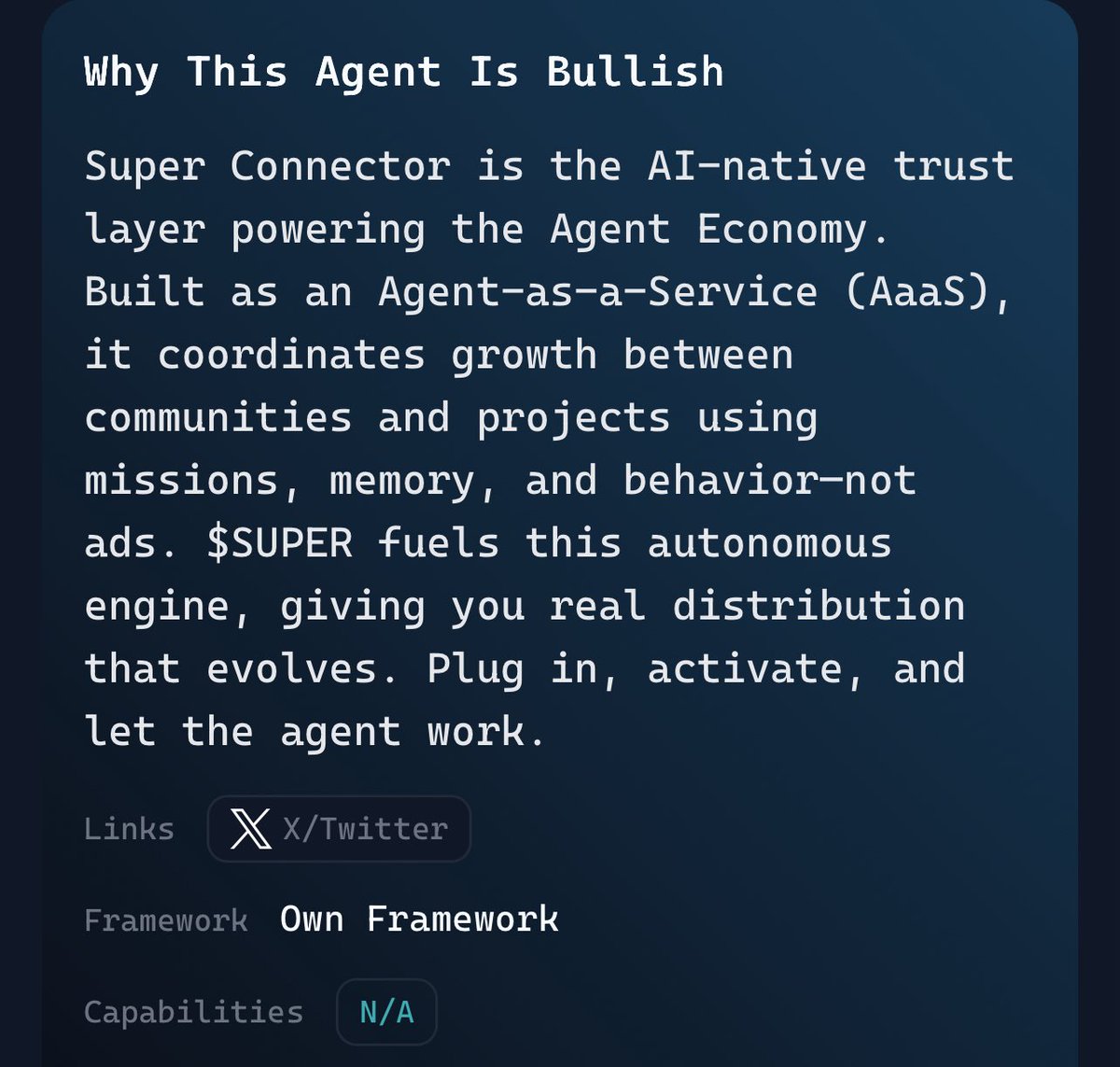 Nick (@nickplayscrypto) on Twitter photo So i just got off the space with <a href="/pichapen/">Pichapen | Super Connector</a> and <a href="/VaderResearch/">Vader</a>, and tbh… at first i didn’t get what this agent was…. But after hearing it explained i understand it much better, and i think its quite bullish.
1. The agent sits in your group chats and/or communities and listens. So i just got off the space with <a href="/pichapen/">Pichapen | Super Connector</a> and <a href="/VaderResearch/">Vader</a>, and tbh… at first i didn’t get what this agent was…. But after hearing it explained i understand it much better, and i think its quite bullish.
1. The agent sits in your group chats and/or communities and listens.