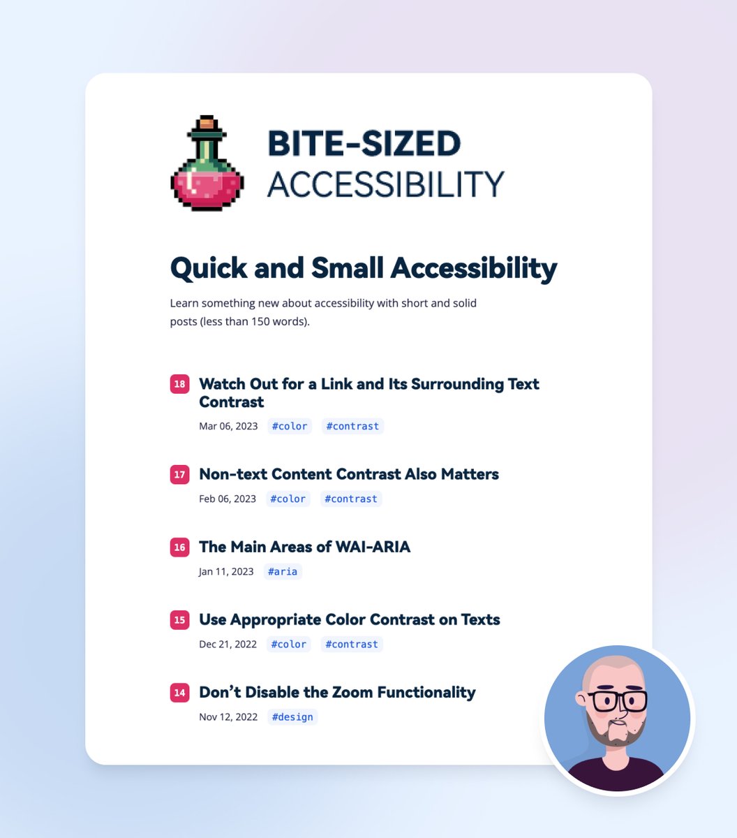 AdhamDannaway's tweet image. 😋 Bite-sized accessibility 

Quickly learn accessibility in under 150 words at a time.

✍️ Blogs
📘 Books
📺 Courses
🎨 Contrast
🔎 Testing tools

Start learning accessibility one bite at a time👇
bite-sized-a11y.com

By Adam Laki