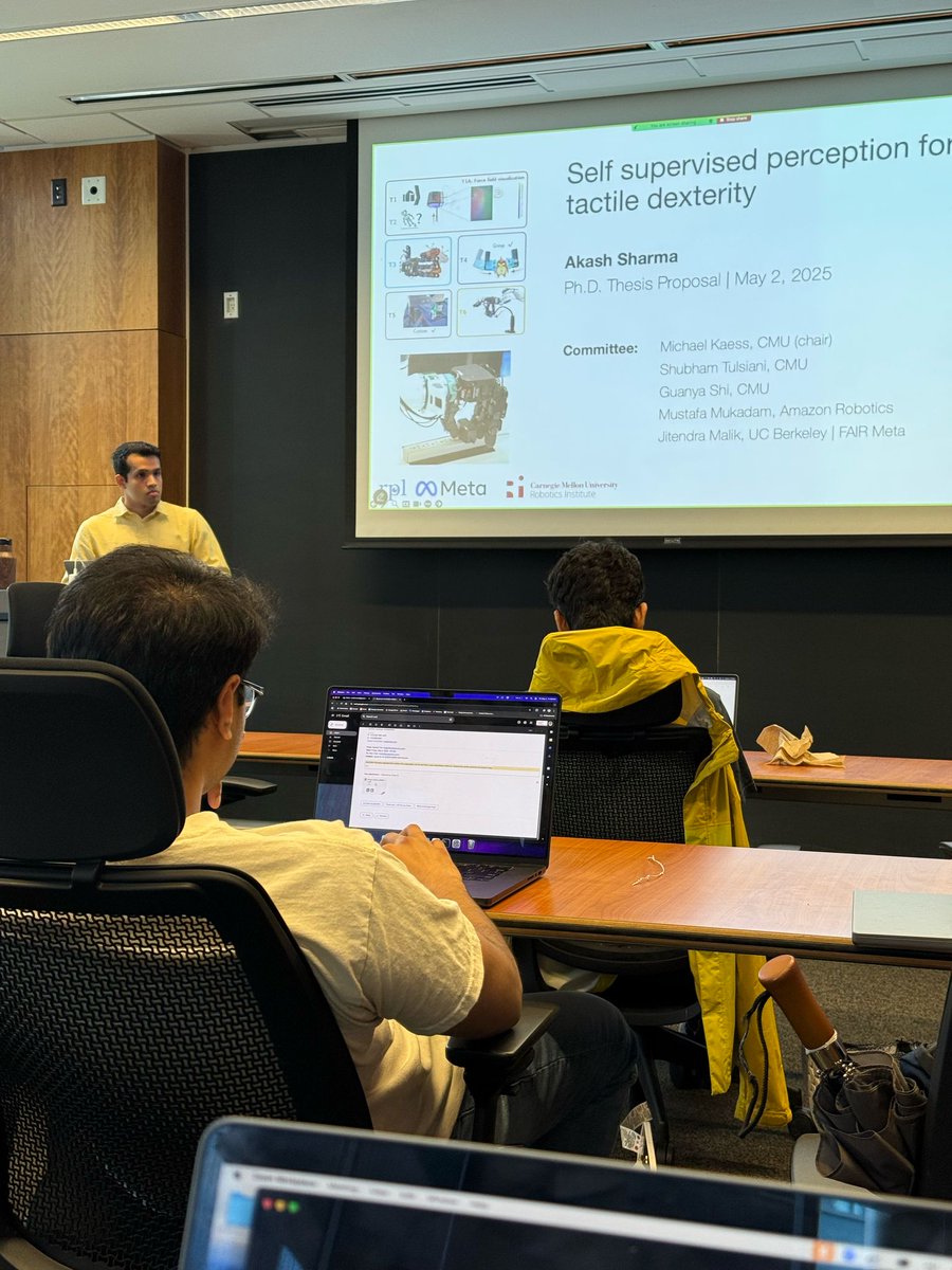 Last week I passed my thesis proposal, and I'm now officially a Ph.D. candidate! 
My proposed thesis "Self supervised perception for tactile dexterity" will explore ways to improve dexterous manipulation using tactile reps.

Thanks to my committee and everyone that supported me!