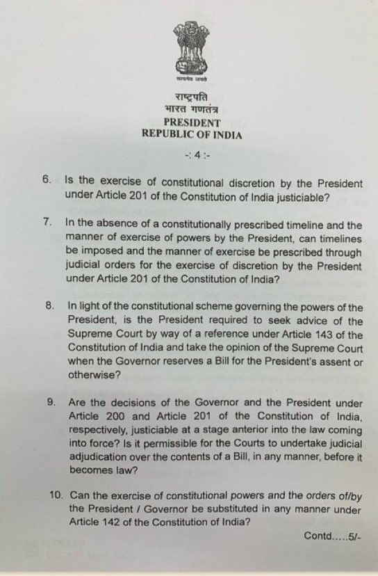 shashank_ssj's tweet photo. Breaking 🚨

President Droupadi Murmu of India has sent a reference to the Supreme Court under Article 143 (1) of the Indian Constitution. The reference includes 14 questions.

The most important questions by @rashtrapatibhvn are:
1. Can a timeline be imposed on the President?
2. Can the court adjudicate the contents of a bill before it becomes a law?
3. Can the Supreme Court substitute the orders of the President or Governor through Article 142?
4. What are the limits of Article 142?
5. Can the Supreme Court resolve disputes between the Union and the States other than those covered by Article 131 of the Indian Constitution?

The Supreme Court will have to form a 5-judge Constitutional bench to answer these questions.