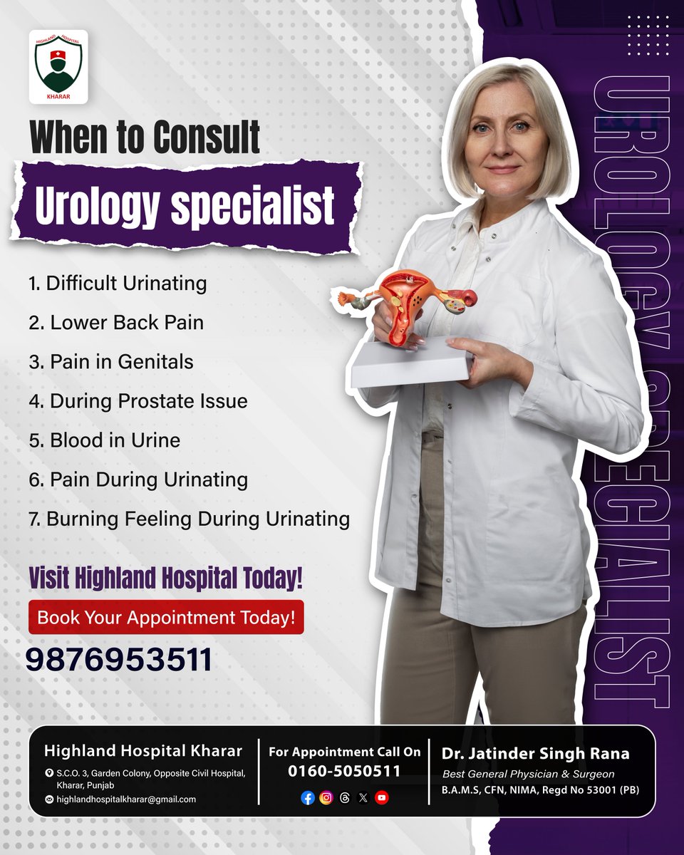 HighlandKharar's tweet image. If you have frequent urinary problems, pain in the lower abdomen, or trouble passing urine, it’s time to see a urology specialist! Early consultation can prevent serious issues. At Highland Hospital Kharar, expert care is just a visit away.
.
#UrologyCare #DrJatinderSingh #Kharar