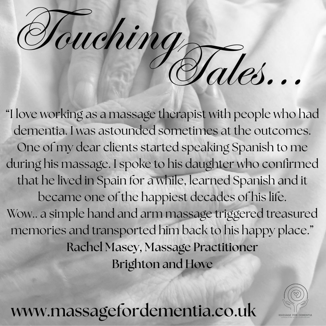 Touching Tales - opening up pathways, reigniting treasured memories
"Wow.. a simple hand and arm massage triggered treasured memories and transported him back to his happy place.” Rachel Masey, Massage Practitioner, Brighton &amp; Hove
#DementiaActionWeek #massage #dementia #feelgood