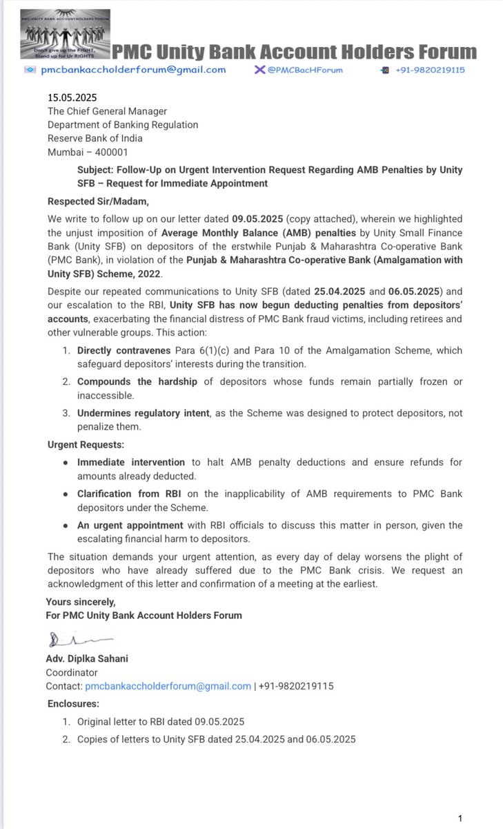 Advocate Dipika Sahani (@advocatedipika) on Twitter photo 🚨 URGENT: <a href="/RBI/">ReserveBankOfIndia</a> <a href="/FinMinIndia/">Ministry of Finance</a>
<a href="/UnitySFBank/">Unity Small Finance Bank</a> is DEDUCTING AMB PENALTIES from distressed #PMCBank #depositors violating Amalgamation Scheme! Retirees & fraud victims suffer.
We demand:
1️⃣ IMMEDIATE halt to penalties
2️⃣ Refund of deductions
3️⃣ RBI clarification
#PMCBankCrisis 🆘 🚨 URGENT: <a href="/RBI/">ReserveBankOfIndia</a> <a href="/FinMinIndia/">Ministry of Finance</a>
<a href="/UnitySFBank/">Unity Small Finance Bank</a> is DEDUCTING AMB PENALTIES from distressed #PMCBank #depositors violating Amalgamation Scheme! Retirees & fraud victims suffer.
We demand:
1️⃣ IMMEDIATE halt to penalties
2️⃣ Refund of deductions
3️⃣ RBI clarification
#PMCBankCrisis 🆘