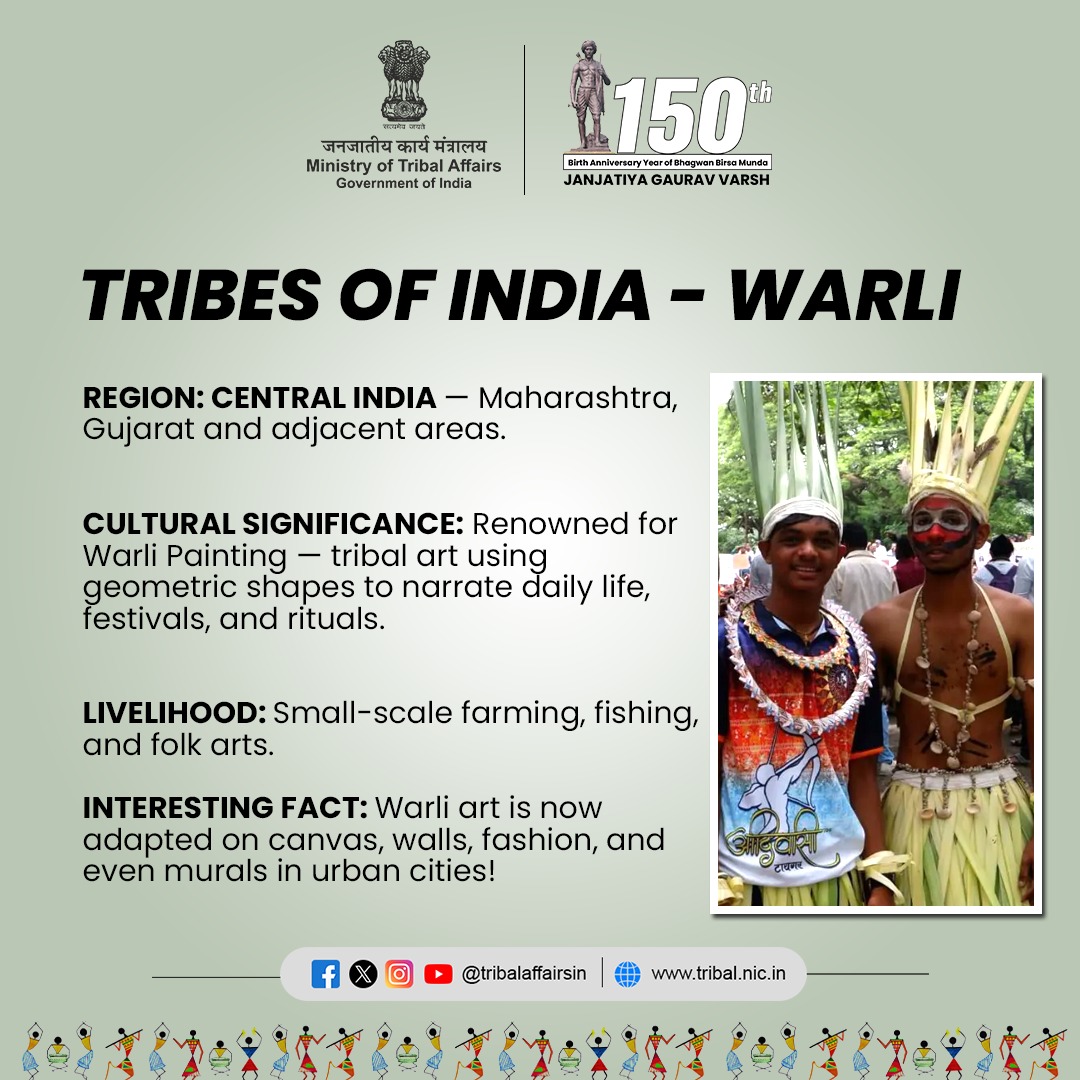 TribalAffairsIn's tweet photo. Tribes of India | Warli
Warli — storytelling through art! Geometric patterns that echo tribal life and nature. 🌀🌾

#WarliTribe #JanJatiyaGauravVarsh #Birsa150 #TribesOfIndia #WarliArt #TribalArt #FolkHeritage #AdivasiHeritage https://t.co/iuKnJMZJJG