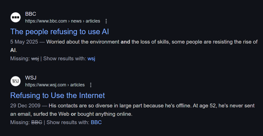 Anurag0117's tweet photo. Interesting trend! WSJ (Dec 2009) reported on people refusing to use the internet, while BBC (May 5, 2025) highlights those resisting AI. From avoiding emails to rejecting AI, some still push back on tech. 📰 #TechResistance #AI #Internet @BBCWorld @WSJ #news #Internet https://t.co/lEgLKIYnO0