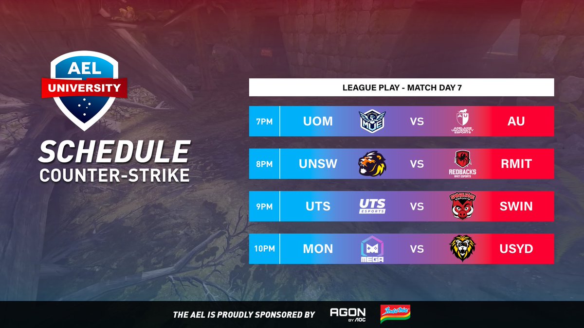 Australian Esports League (@auesportsleague) on Twitter photo To end off our final week of League Play in the AEL University Elite Series we have more Counter-Strike action!
π΄ Live from 6:45PM AEST
πΊ twitch.tv/auesportsleague
ποΈ <a href="/Mattse123/">MattSe</a> & <a href="/Emperor_zK/">Emperor_zK</a>
πΉοΈ <a href="/TwoTapTony/">Tony</a>
π¬ <a href="/BkWhatOCE/">Bk</a>
Match Schedule
7PM <a href="/MelbUniEsports/">Melbourne University Esports</a> vs <a href="/AUeSportsInc/">Adelaide University eSports</a>
8PM To end off our final week of League Play in the AEL University Elite Series we have more Counter-Strike action!
π΄ Live from 6:45PM AEST
πΊ twitch.tv/auesportsleague
ποΈ <a href="/Mattse123/">MattSe</a> & <a href="/Emperor_zK/">Emperor_zK</a>
πΉοΈ <a href="/TwoTapTony/">Tony</a>
π¬ <a href="/BkWhatOCE/">Bk</a>
Match Schedule
7PM <a href="/MelbUniEsports/">Melbourne University Esports</a> vs <a href="/AUeSportsInc/">Adelaide University eSports</a>
8PM