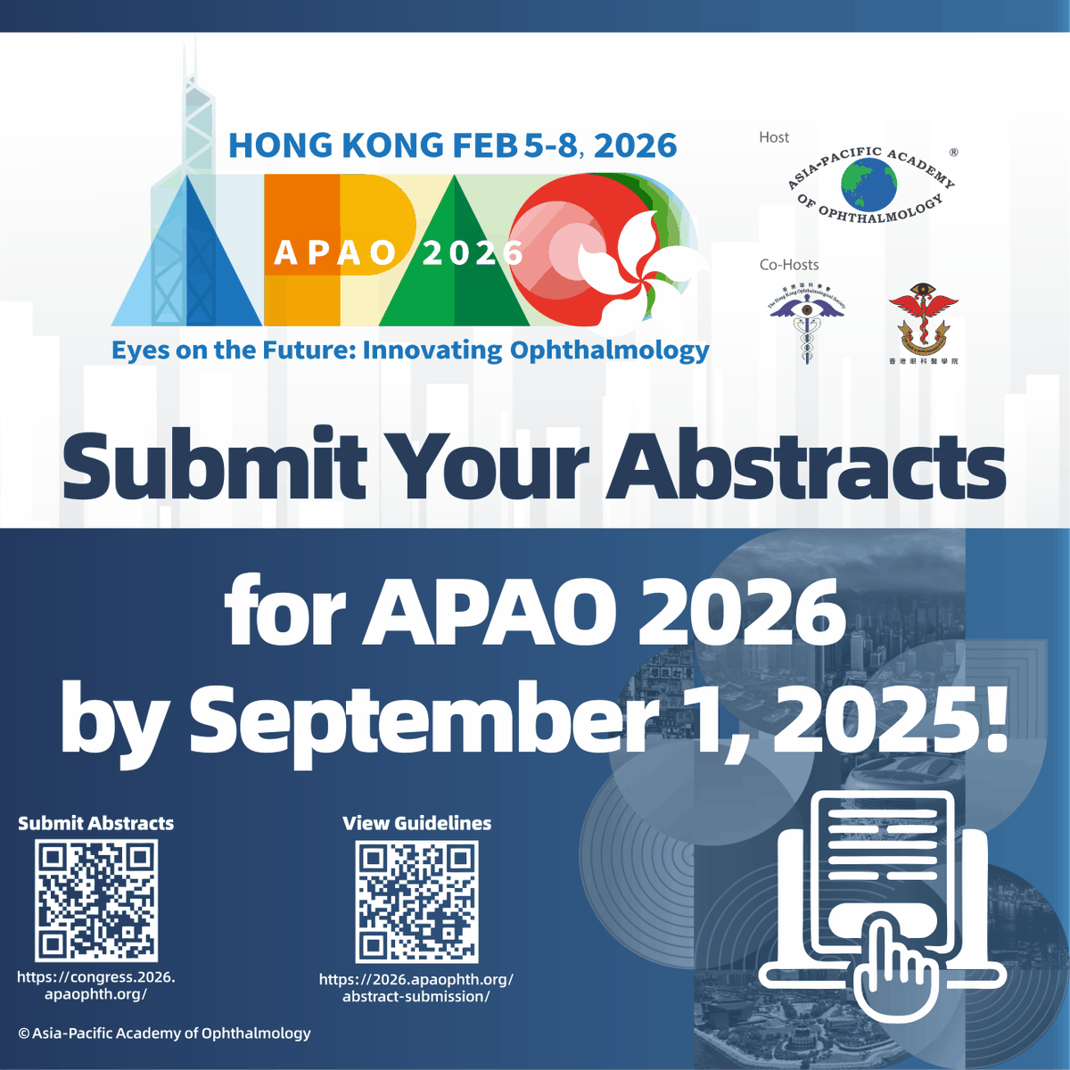 🚨 Call for Abstracts – APAO 2026
📍 Hong Kong | Feb 5–8, 2026
🗓️ Submit by Sept 1, 2025

Be part of the future of ophthalmology at APAO 2026! Share your research and innovations with global experts.

🔗Submit Now: congress.2026.apaophth.org

#APAO2026 #APAO #Ophthalmology