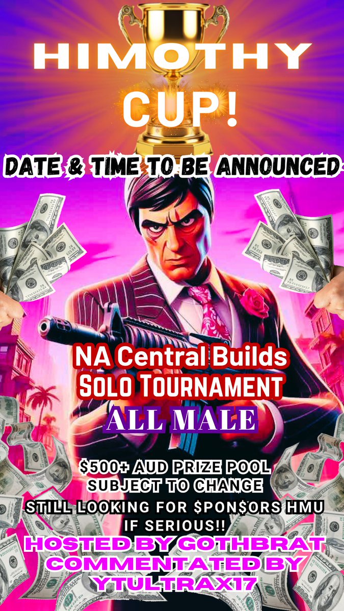 🏆ALL MALE HIMOTHY CUP🏆
$500+ AUD prize pool 💸 
5 games, NAC, builds 🎮

to be considered: 
- follow <a href="/gwenthegothbrat/">𝖌𝖔𝖙𝖍 𝖇𝖗𝖆𝖙</a> &amp; <a href="/YTultraX17/">YTultraX17</a> 
- like and retweet ✅
- reply if interested 🔥
 
still looking for more sponsors DM if serious!! 🙏🏼