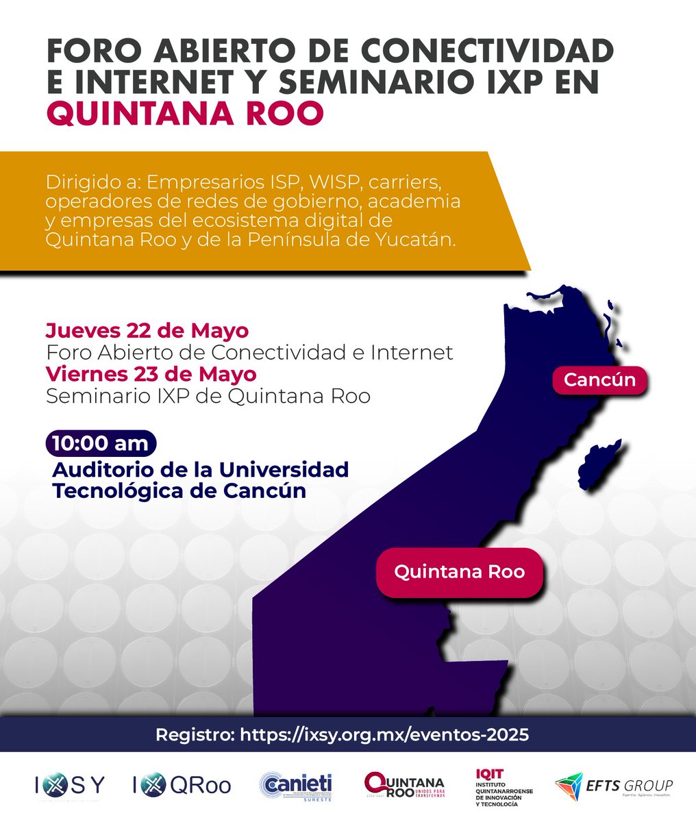 IXP_Yucatan's tweet image. 🌐 ¡Quintana Roo y Península de Yucatán!

📍 Auditorio UT Cancún
🗓️ 22-23 mayo 2025

🗣️ Foro de Conectividad
📊 Seminario IXP Quintana Roo

🎟️ Regístrate gratis: ixsy.org.mx/eventos-2025

#IXSY #ConectividadQRoo #IXPQuintanaRoo