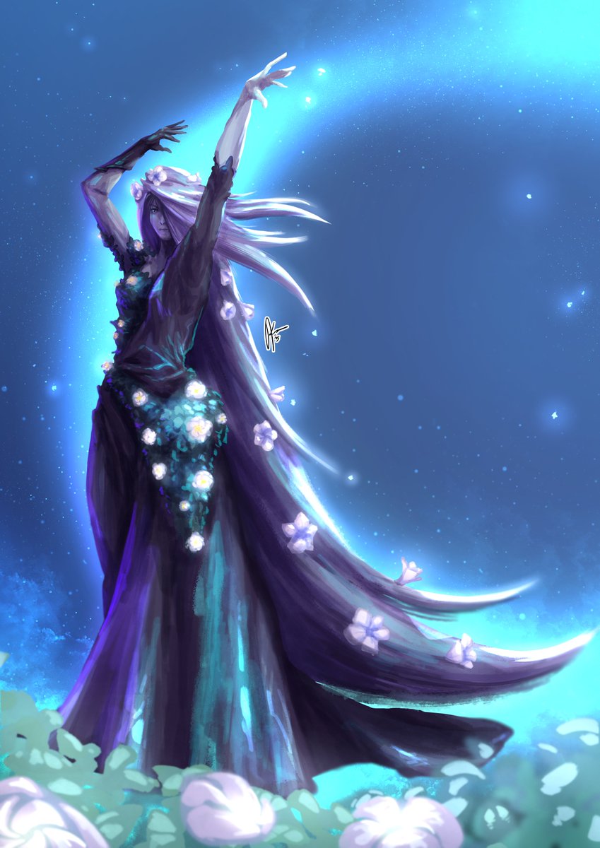 Odomk_'s tweet photo. Day 14 of Fae May is 'Moon'. I tried hard not to just draw a moon somewhere, I tried my best. In this piece are flowers that only bloom around the evening, or even at night. The flowers are Gardenias and Moonflowers.
#Art #digitalart #FaeMay #Fantasy #fairy #Moon https://t.co/MTi5jKPyWd