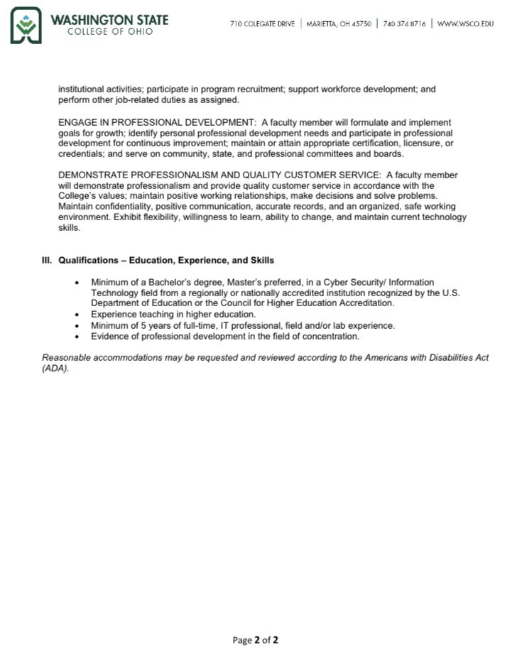 We’re hiring!

<a href="/WSCOmarietta/">WSCO</a> is looking for a Cyber Security / IT Faculty member to join our team. Teach, lead, and shape future tech pros.

Apply now: wsco.edu/about/offices/…

Help us advance our mission of student success and workforce readiness through innovative education.