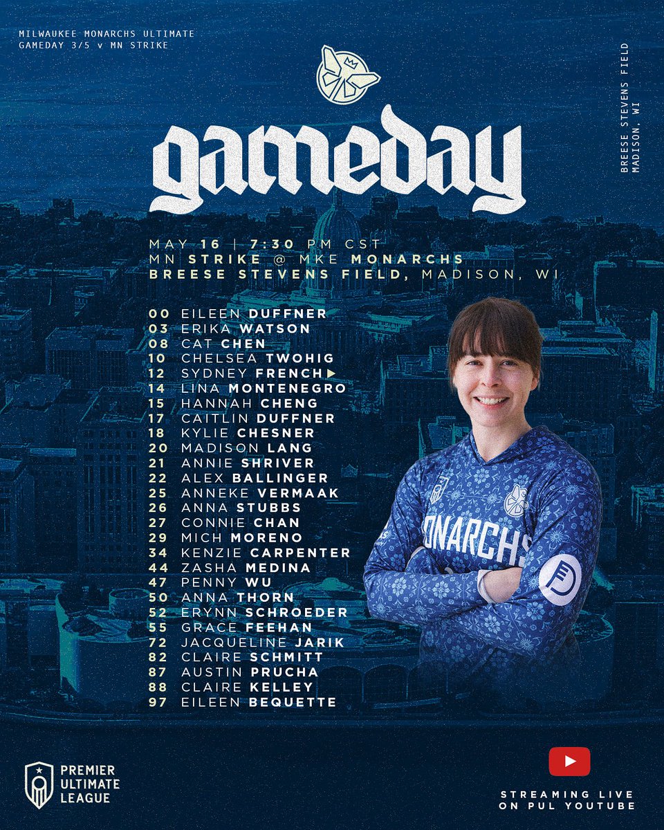 🚨🦋 GAME DAY ROSTER 🦋🚨

The Milwaukee Monarchs take on <a href="/MinnesotaStrike/">Minnesota Strike</a> this Friday in MADISON! You won’t wanna miss it! 👑

🗓️ Friday, May 16
🕓 7:30PM
📍 Breese Stevens Field | Madison, WI

#WingsUp #CrownsOn #PUL
