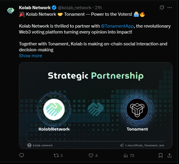 Trumpet_Chr's tweet image. 🚨 New Partnership Alert!
🤝 Kolab Network × @TonamentApp
Bringing power to the people through on-chain voting &amp;amp; social decision-making! 🗳️🔥
#Web3 #Blockchain #Partnership #DAO #VotingPower