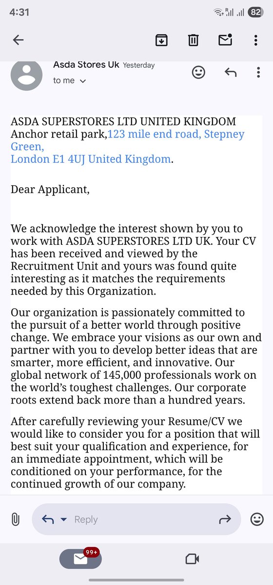 anfalfakerdey's tweet photo. @Georgeatasda hey asda can you please check the below attachment and confirm weather is it from your organisation or not . i just received yesterday regarding job opening. https://t.co/D8voiOAxMU