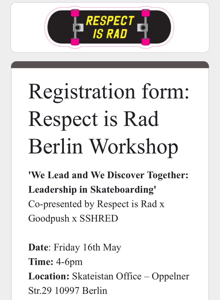 Dr Indigo Willing (@indigowilling) on Twitter photo Join us in Berlin #Respectisrad x <a href="/thegoodpush/">Goodpush Alliance</a> hosted at <a href="/Skateistan/">Skateistan</a> Berlin
docs.google.com/forms/d/e/1FAI… Join us in Berlin #Respectisrad x <a href="/thegoodpush/">Goodpush Alliance</a> hosted at <a href="/Skateistan/">Skateistan</a> Berlin
docs.google.com/forms/d/e/1FAI…