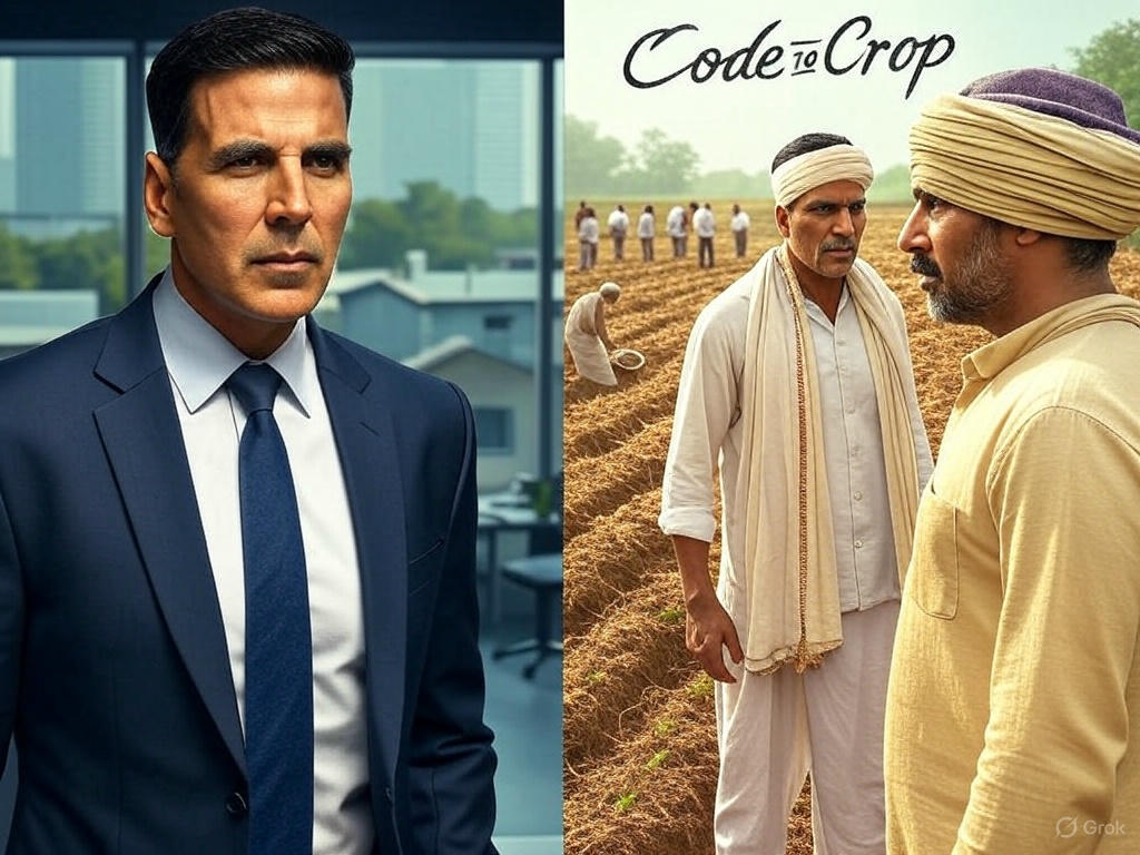 Dear Bollywood script-writers, If you ever find yourself out of ideas, consider making a mass-appealing agricultural “social message” entertainer movie with Akshay Kumar. 

Here is a rough story outline:  Akshay Kumar is fired from his IT job thanks to AI. He decides to - switch