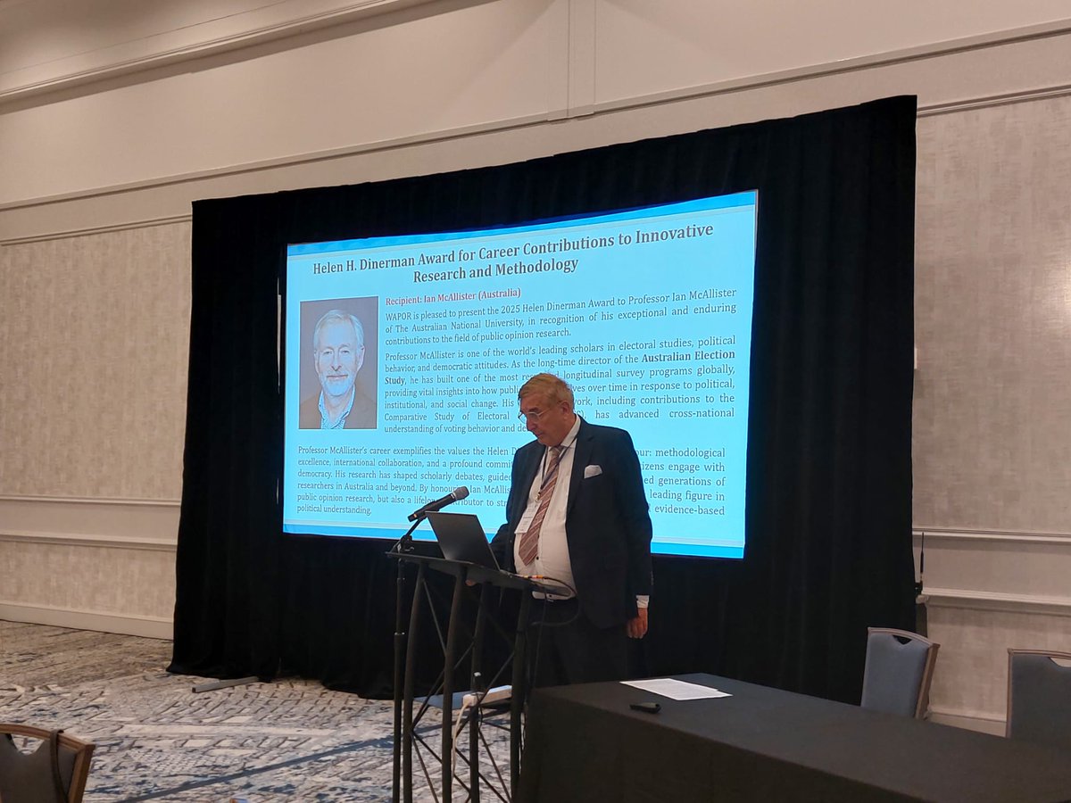 WAPOR (@wapor) on Twitter photo 🔹 The Helen H. Dinerman Award, awarded to Professor Ian McAllister (<a href="/ourANU/">ourANU</a>) for his pioneering work on political behavior, electoral studies, and his leadership in the Australian Election Study and Comparative Study of Electoral Systems.
Committee chaired by <a href="/Robert_TY_CHUNG/">Robert Chung 鍾庭耀</a> 🔹 The Helen H. Dinerman Award, awarded to Professor Ian McAllister (<a href="/ourANU/">ourANU</a>) for his pioneering work on political behavior, electoral studies, and his leadership in the Australian Election Study and Comparative Study of Electoral Systems.
Committee chaired by <a href="/Robert_TY_CHUNG/">Robert Chung 鍾庭耀</a>