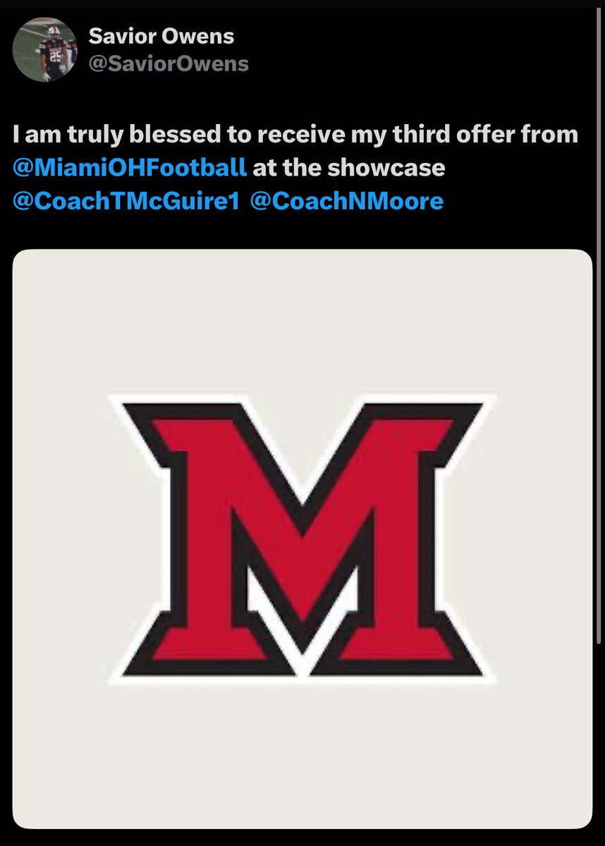 Congratulations to Savior Owens on his offer from Miami(OH) University. #TIG