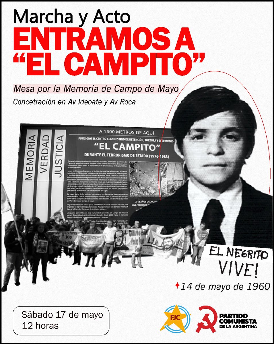 ✊ ¡Floreal "Negrito" Avellaneda, presente!

Mientras el gobierno les otorga cárcel vip en Campo de Mayo a los genocidas,  junto a los organismos de DDHH volvemos este sábado 17 de mayo a las 12 a "El Campito" para defender las banderas de Memoria, Verdad y Justicia.