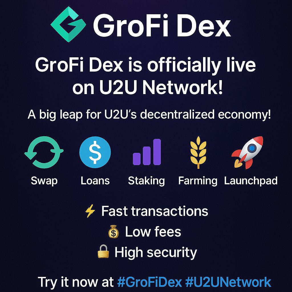 nguoidocsach84's tweet photo. GroFi Dex is officially live on U2U Network!
A big leap for U2U's decentralized economy!
🔁 Swap | 💸 Loans | 📈 Staking | 🌾 Farming | 🚀 Launchpad
⚡ Fast transactions | 💰 Low fees | 🔒 High security
Try it now at #GroFiDex #U2UNetwork https://t.co/GSci45VnH5
