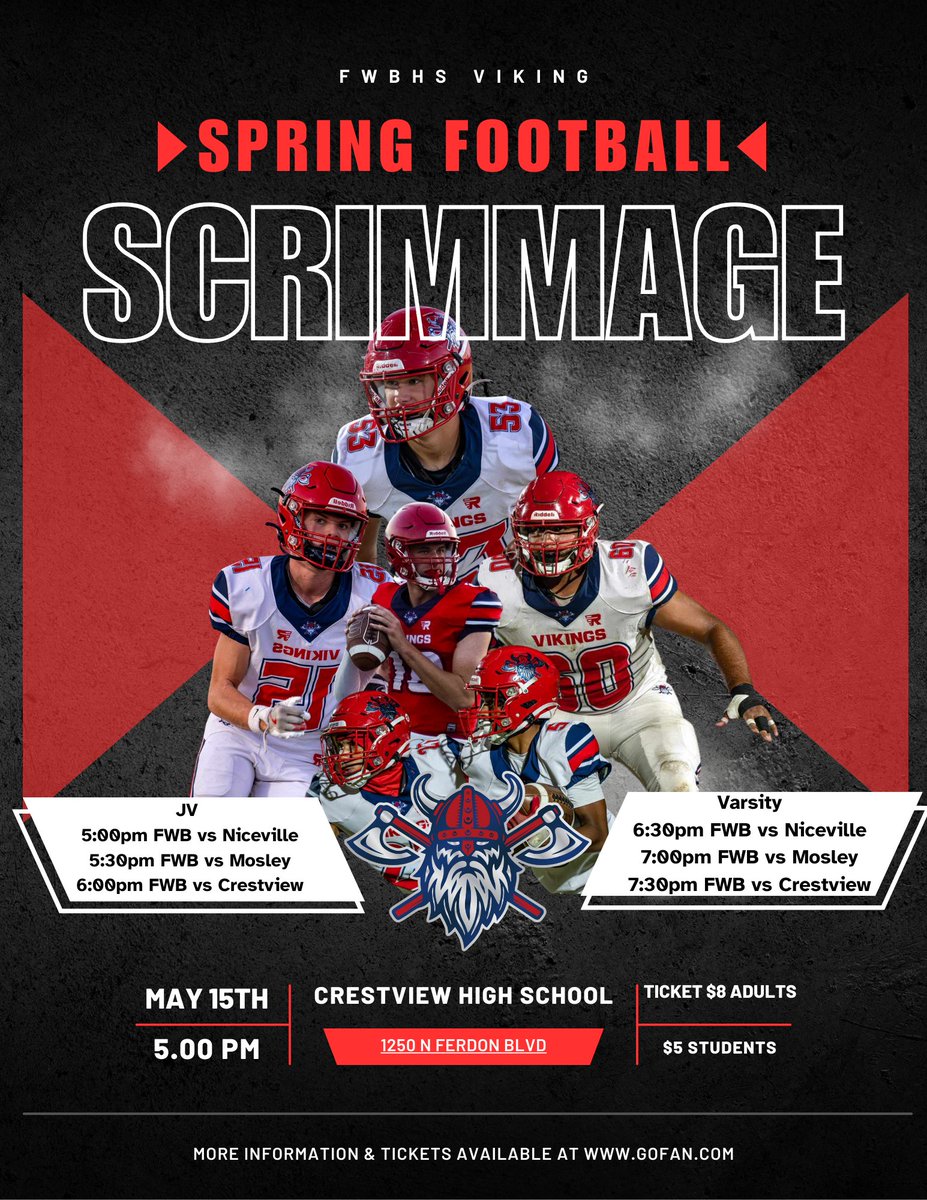 FWBHS Touchdown Club (@vikingtdc) on Twitter photo 📣📣Calling all VIKINGS FANS!!!!📣📣
Come Cheer for your Fort Walton Beach Football players at Crestview High School tomorrow evening!
gofan.co/event/3622097?…
<a href="/FWB_FB/">Fort Walton Beach Football</a> <a href="/FWB_Athletics/">Fort Walton Beach Athletics</a> 📣📣Calling all VIKINGS FANS!!!!📣📣
Come Cheer for your Fort Walton Beach Football players at Crestview High School tomorrow evening!
gofan.co/event/3622097?…
<a href="/FWB_FB/">Fort Walton Beach Football</a> <a href="/FWB_Athletics/">Fort Walton Beach Athletics</a>