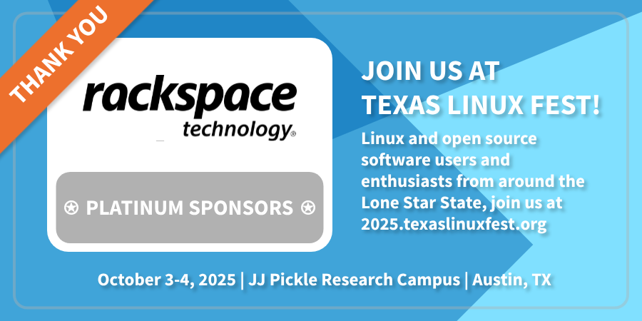 texaslinuxfest's tweet image. ๐ A huge THANK YOU to @Rackspace for supporting #TXLF 2025 as a Platinum Sponsor! Weโre thrilled to have you with us!
๐ Want to join Rackspace in supporting Texas Linux Fest? Learn more about sponsorship opportunities! 2025.texaslinuxfest.org/sponsorship/