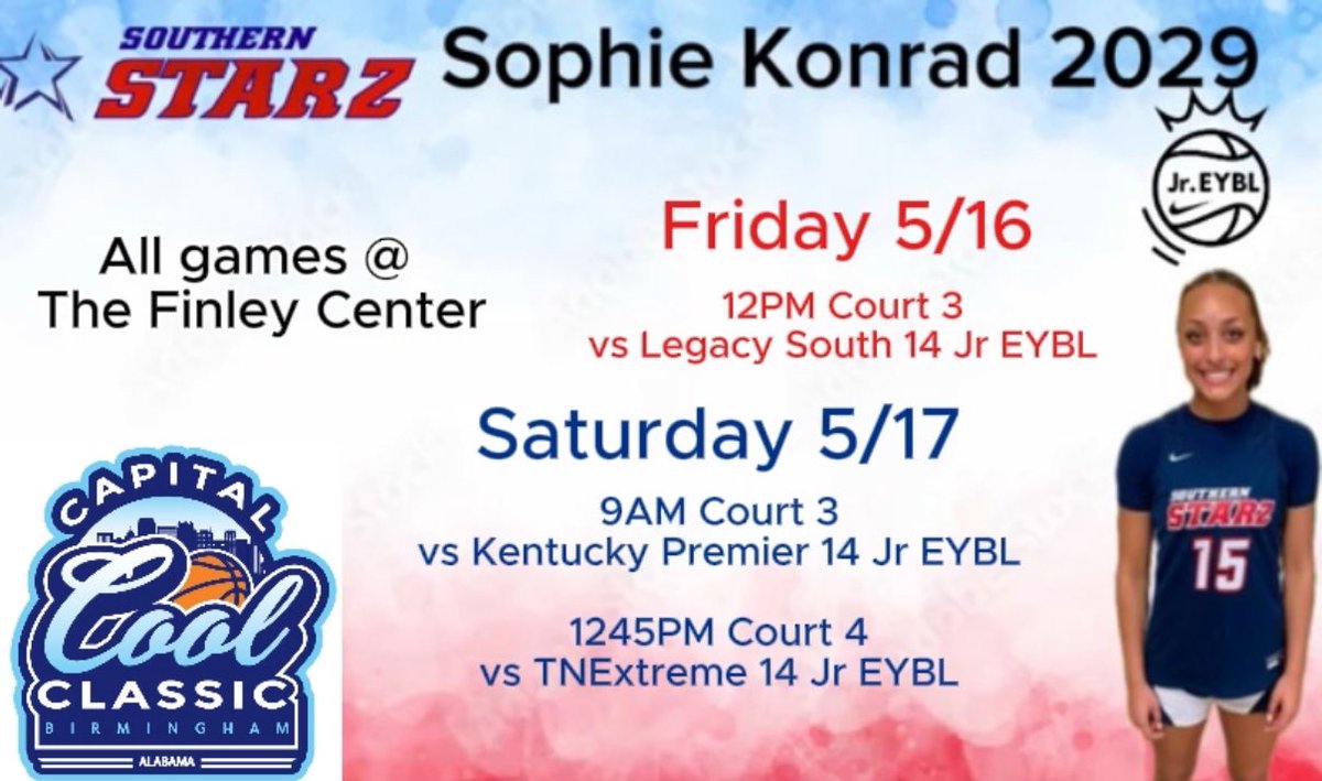 Sophie Konrad (@sokonrad1) on Twitter photo Looking forward to Session II!! Capital Cool Classic!! Let’s go Starz!! <a href="/NikeGirlsEYBL/">Nike Girls EYBL</a> <a href="/ALSoStarz/">AL Southern Starz</a> Looking forward to Session II!! Capital Cool Classic!! Let’s go Starz!! <a href="/NikeGirlsEYBL/">Nike Girls EYBL</a> <a href="/ALSoStarz/">AL Southern Starz</a>