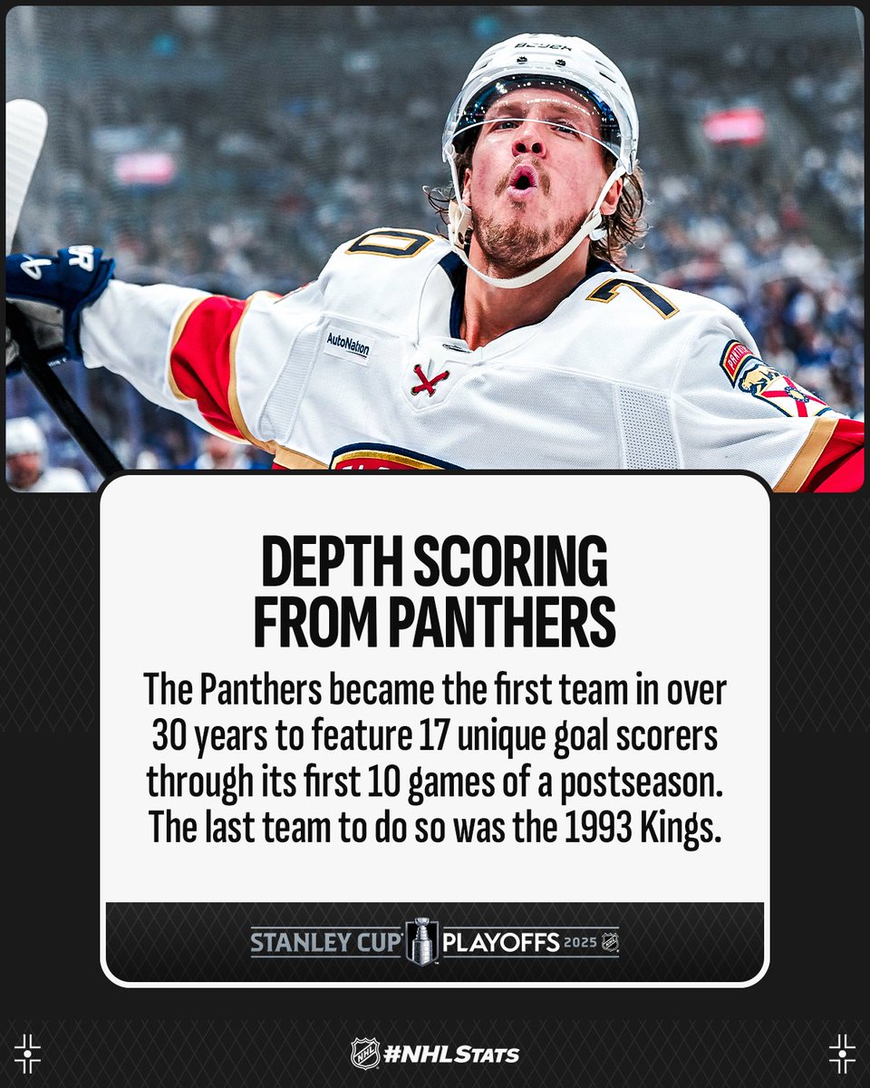 NHL Public Relations (@nhlpr) on Twitter photo Six different goal scorers for the <a href="/FlaPanthers/">Florida Panthers</a>, four of whom netted their first goal of the 2025 #StanleyCup Playoffs, helped Florida take a 3-2 series lead and move within one win of the 2025 Eastern Conference Final.
#NHLStats: media.nhl.com/public/live-up⦠Six different goal scorers for the <a href="/FlaPanthers/">Florida Panthers</a>, four of whom netted their first goal of the 2025 #StanleyCup Playoffs, helped Florida take a 3-2 series lead and move within one win of the 2025 Eastern Conference Final.
#NHLStats: media.nhl.com/public/live-upβ¦